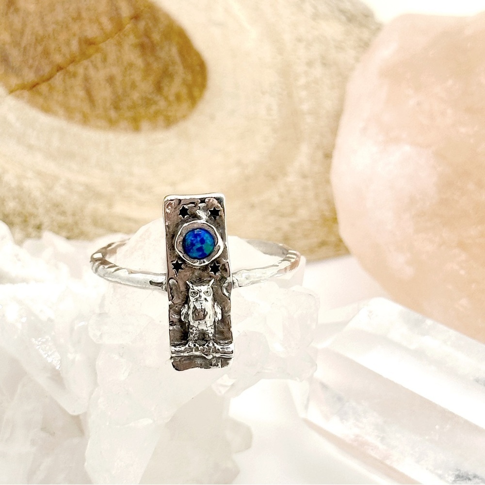 Fire Opal Hand Crafted Artisan Solid Sterling Silver Hammered Owl Ring